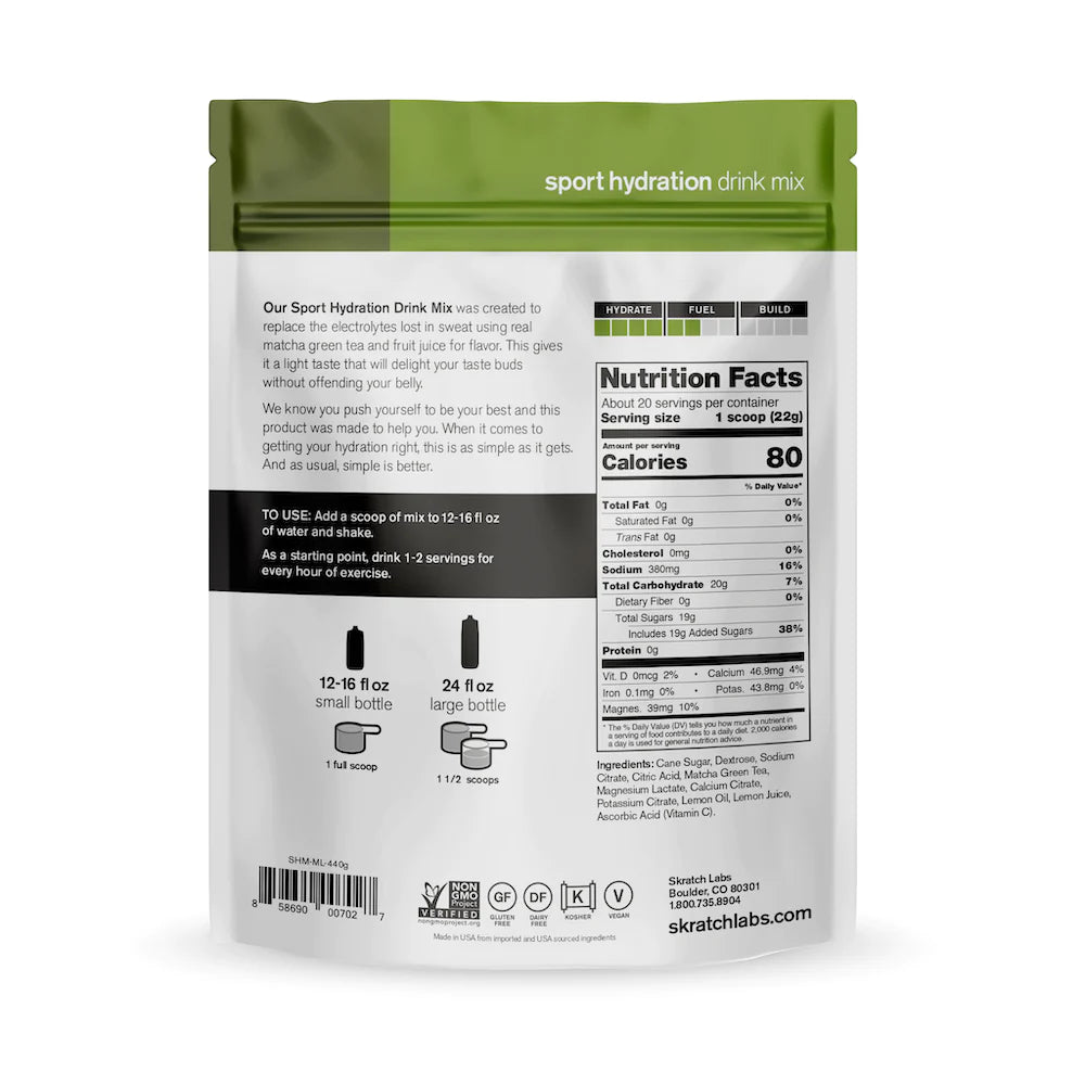 Sport Hydration Drink Mix by Skratch Labs in green pouch, electrolyte replacement mix with light fruit flavor for hydration and energy during workouts