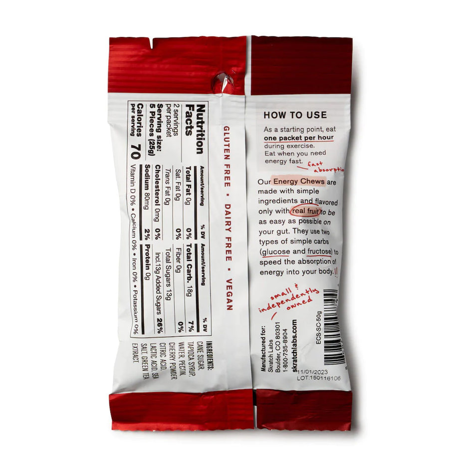 Energy Chews Sport Fuel by Skratch Labs in red and white pack, gluten-free vegan sport nutrition for sustained energy during running and training