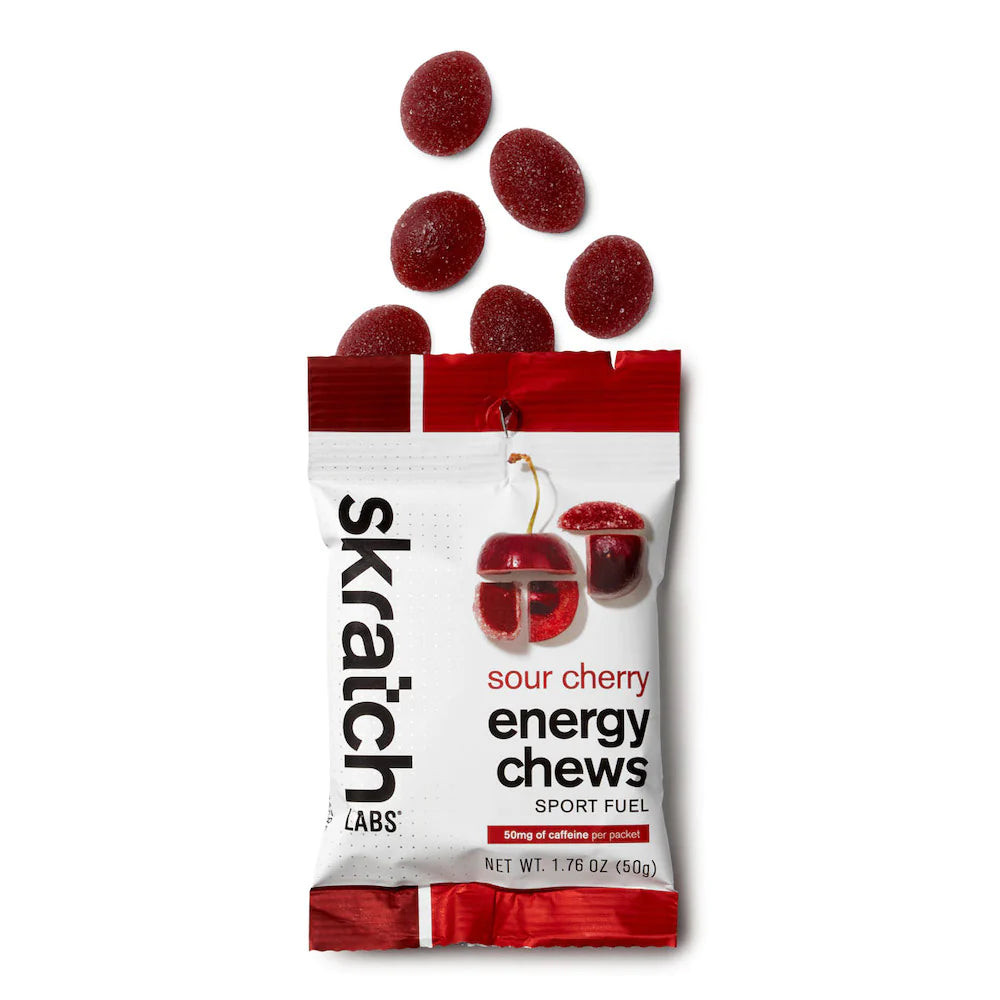 Energy Chews Sport Fuel by Skratch Labs in red sour cherry, chewable nutrition with caffeine for endurance training and race day boost
