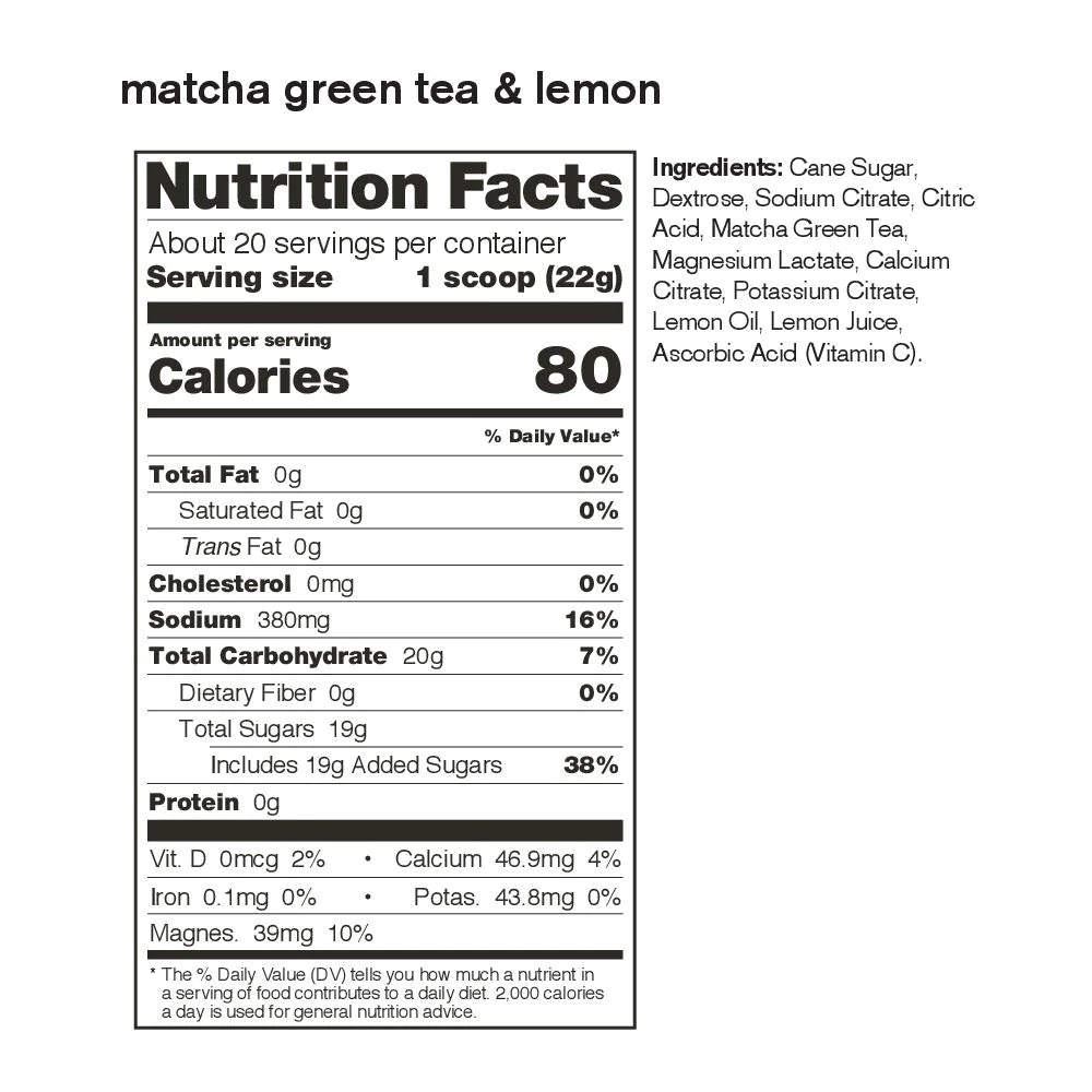 Sport Hydration Drink Mix by Skratch Labs in matcha green tea and lemon, electrolyte replacement with light energy for workouts