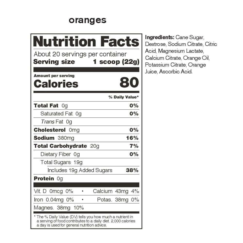 Sport Hydration Drink Mix by Skratch Labs in orange flavor, electrolyte replacement powder with 80 calories per scoop for endurance and rehydration