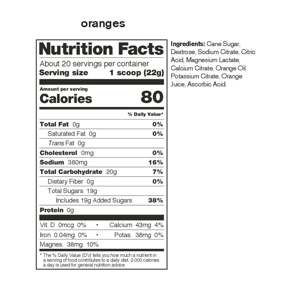 Sport Hydration Drink Mix by Skratch Labs in orange flavor, electrolyte replacement powder with 80 calories per scoop for endurance and rehydration