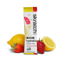 Sport Hydration Drink Mix strawberry lemonade by Skratch Labs in red and yellow packet, restores electrolytes and boosts energy for workouts