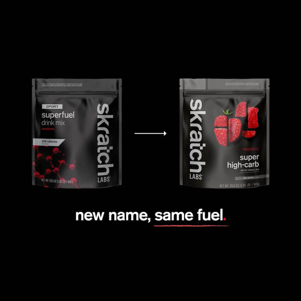 Super High-Carb Sport Drink Mix by Skratch Labs in black packaging with raspberry flavor, high-calorie fuel for intense athletes