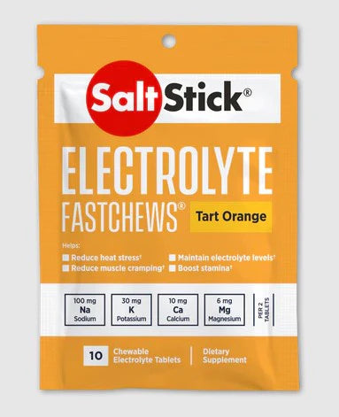 Saltstick Fastchews 10-Tab pack in tart orange, chewable electrolyte supplement with sodium, potassium, calcium, magnesium for stamina and muscle support