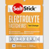 Saltstick Fastchews 10-Tab pack in tart orange, chewable electrolyte supplement with sodium, potassium, calcium, magnesium for stamina and muscle support