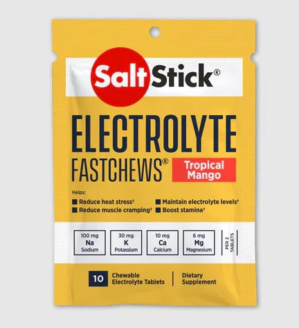 Saltstick Fastchews 10-Tab pack in yellow and white, chewable electrolyte supplement with sodium, potassium, magnesium, calcium, tropical mango flavor for hydration and stamina.
