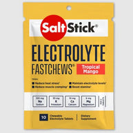 Saltstick Fastchews 10-Tab pack in yellow and white, chewable electrolyte supplement with sodium, potassium, magnesium, calcium, tropical mango flavor for hydration and stamina.