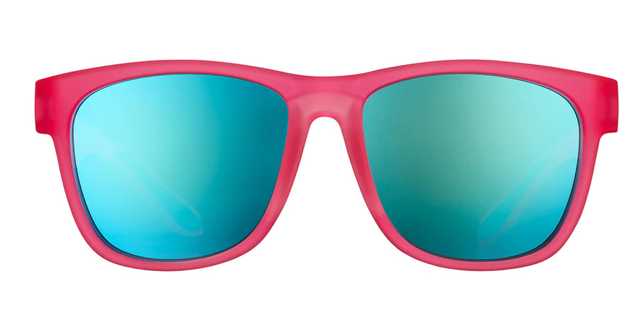 Do You Even Pistol, Flamingo? by Goodr, pink frame sunglasses with teal polarized lenses, designed for sweat resistance and active outdoor use