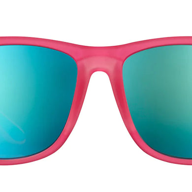 Do You Even Pistol, Flamingo? by Goodr, pink frame sunglasses with teal polarized lenses, designed for sweat resistance and active outdoor use