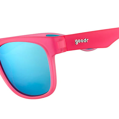 Do You Even Pistol, Flamingo? by Goodr in pink frame with teal polarized lenses, lightweight glasses for running and outdoor use