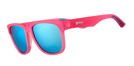 Do You Even Pistol, Flamingo? by Goodr in pink frame with teal polarized lenses, lightweight glasses for running and outdoor use