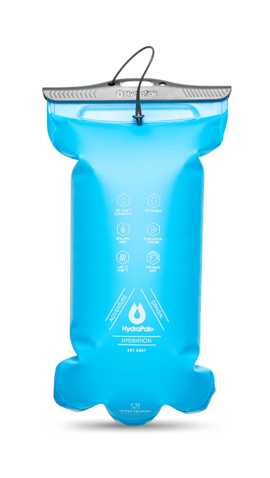 Velocity Reservoir by Hydrapak in blue, lightweight 1.5L hydration reservoir with ergonomic slide-seal top for running and outdoor use