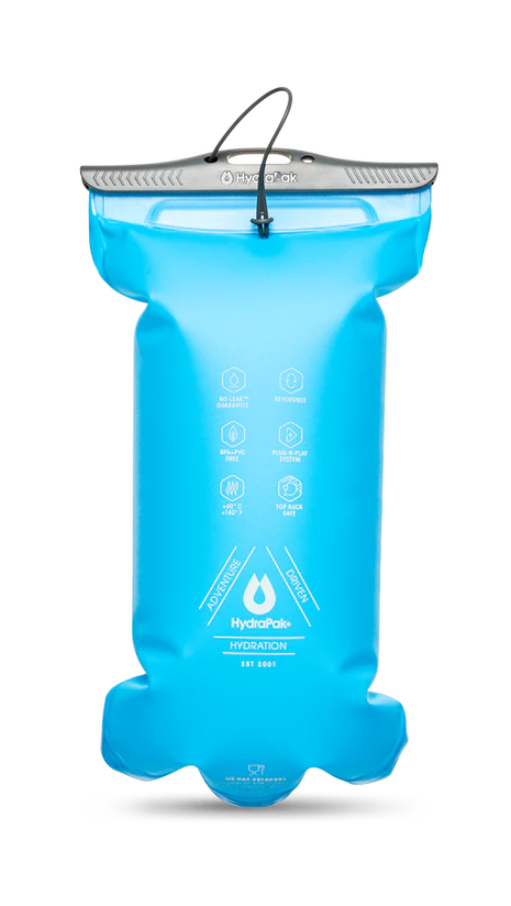 Velocity Reservoir by Hydrapak in blue, lightweight 1.5L hydration reservoir with ergonomic slide-seal top for running and outdoor use
