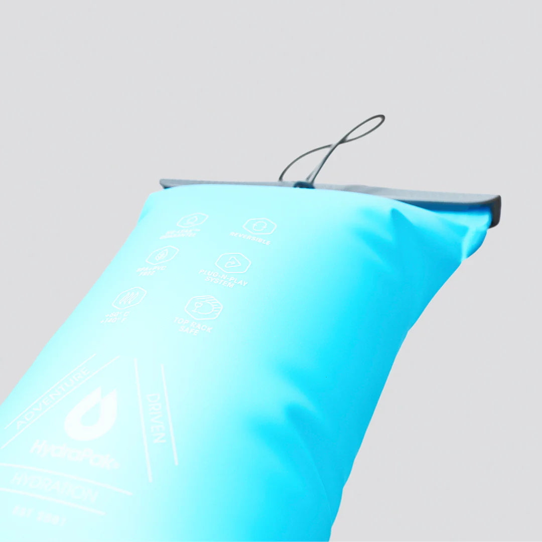Velocity Reservoir by Hydrapak in blue lightweight 1.5L hydration reservoir with ergonomic slide-seal top for running and outdoor use
