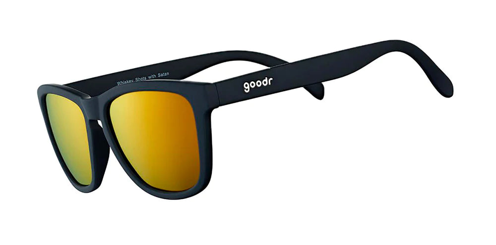 Whiskey Shots With Satan by Goodr in black with reflective amber lenses stylish sunglasses designed for outdoor and casual wear