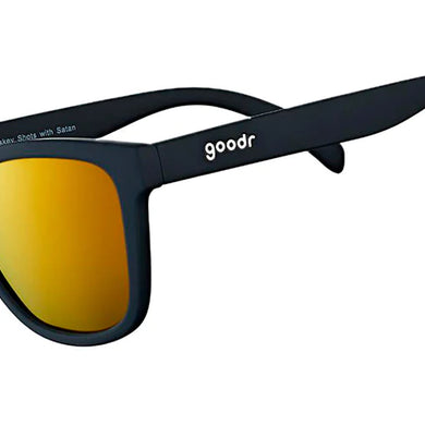 Whiskey Shots With Satan by Goodr in black with reflective amber lenses stylish sunglasses designed for outdoor and casual wear