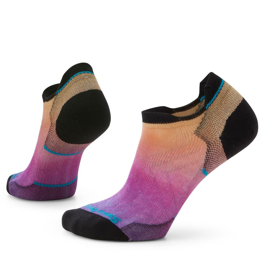 Run Zero Cushion Ombre Print Low Ankle Socks - Women by SmartWool in pink orange purple with cushioned fit for running and durability