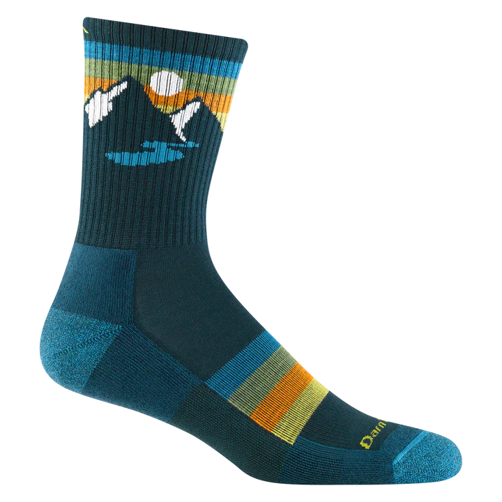 Sunset Ridge Micro Crew Lightweight w/Cushion Hiking Sock - Men by Darn Tough in blue with mountain design, cushioned Merino wool for heavy mileage hiking