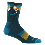 Sunset Ridge Micro Crew Lightweight w/Cushion Hiking Sock - Men by Darn Tough in blue with mountain design, cushioned Merino wool for heavy mileage hiking