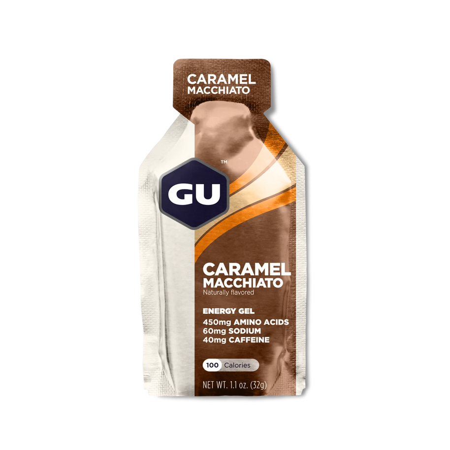Original Energy Gel by GU Energy in caramel macchiato, quick energy gel with amino acids and caffeine for running and endurance activities