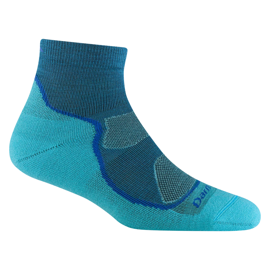 Light Hiker Quarter Lightweight Hiking Sock - Women by Darn Tough in blue with smooth cuff and ankle coverage for hiking comfort and durability