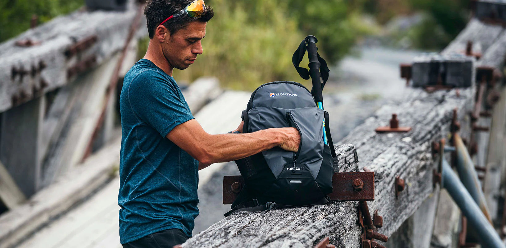 Dart T-Shirt - Men by Montane in blue, technical all-season recycled fabric with breathability and moisture wicking for outdoor use