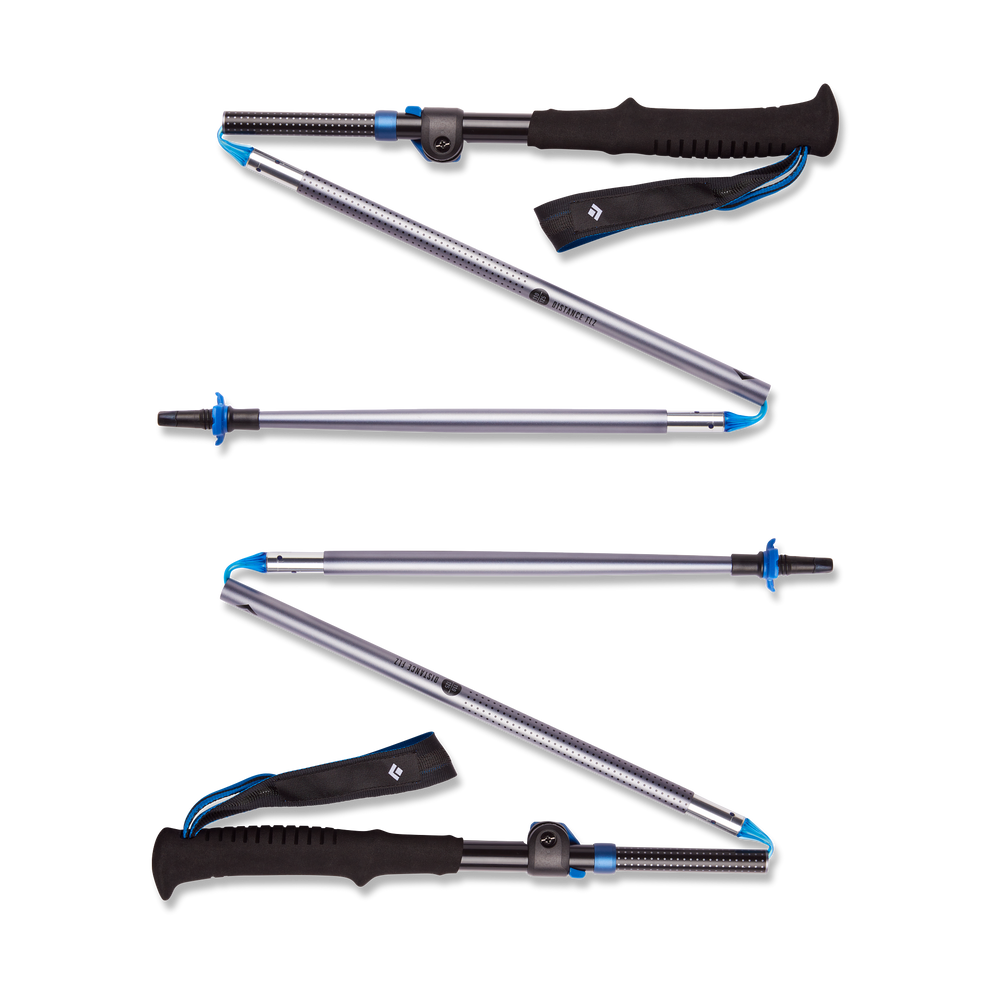 Distance FLZ Poles by Black Diamond in silver and black with blue accents, lightweight packable poles ideal for trail running and steep scrambles