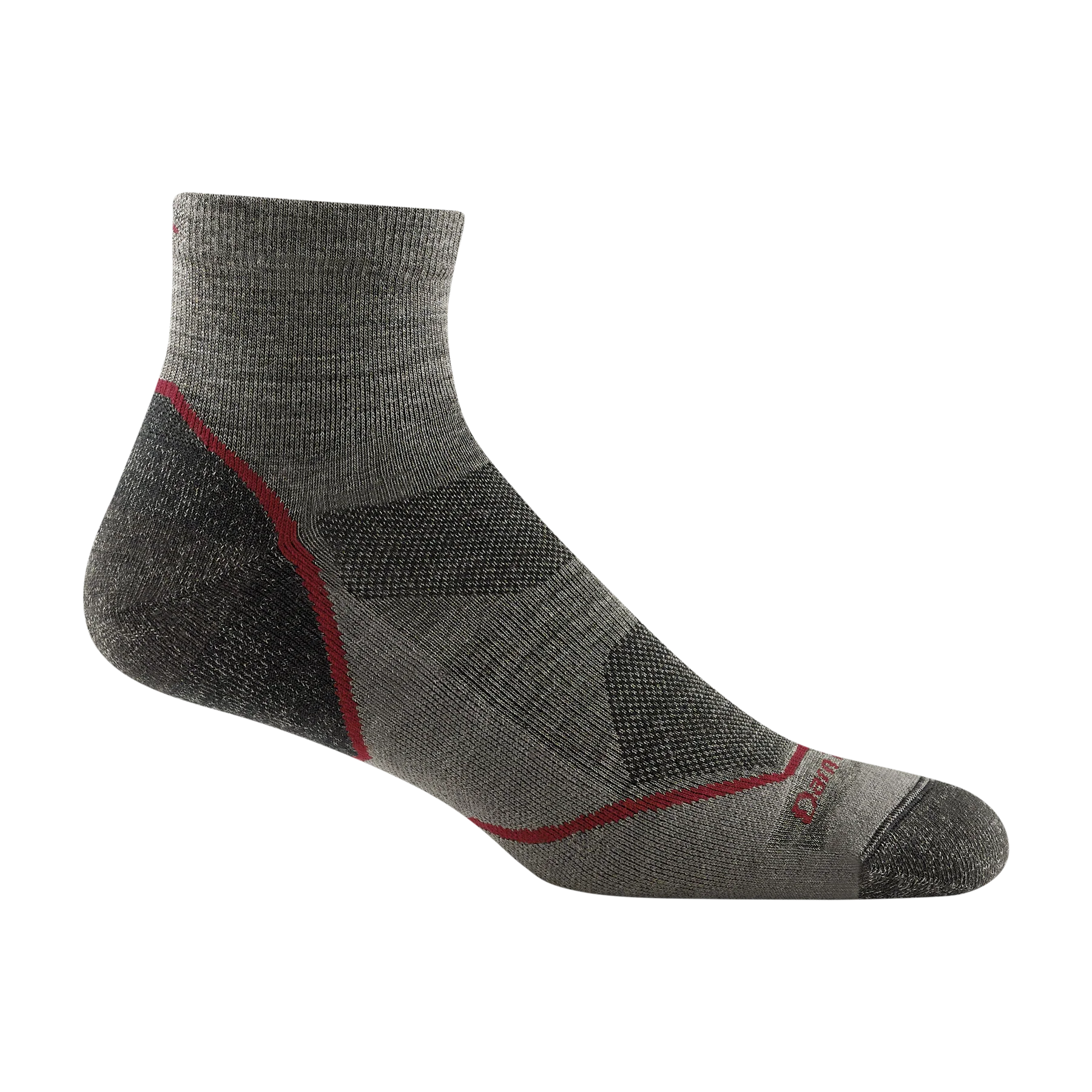 Light Hiker Quarter Lightweight Hiking Sock - Men by Darn Tough in grey with red accents, breathable 1/4 height sock for outdoor hiking and all-day comfort