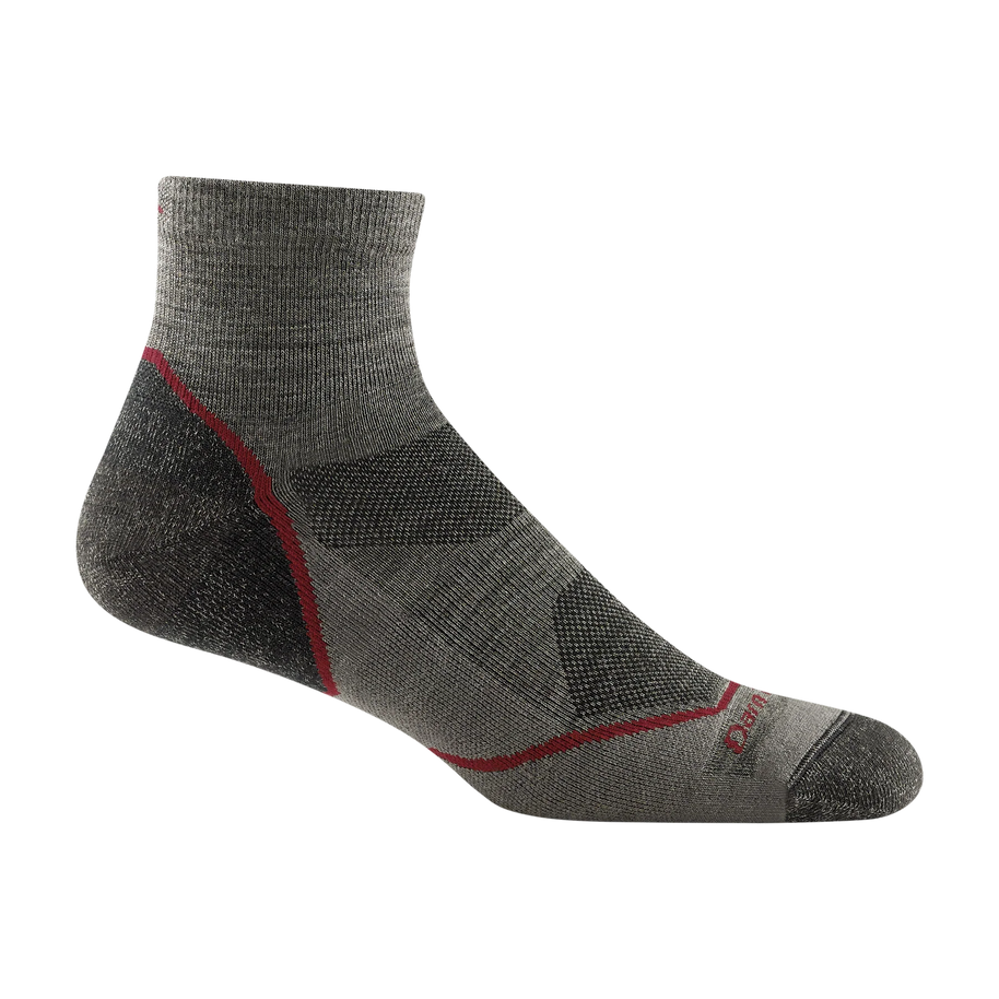 Light Hiker Quarter Lightweight Hiking Sock - Men by Darn Tough in grey with red accents, breathable 1/4 height sock for outdoor hiking and all-day comfort