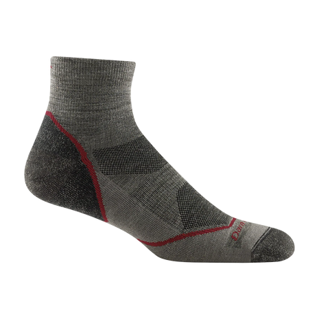 Light Hiker Quarter Lightweight Hiking Sock - Men by Darn Tough in grey with red accents, breathable 1/4 height sock for outdoor hiking and all-day comfort