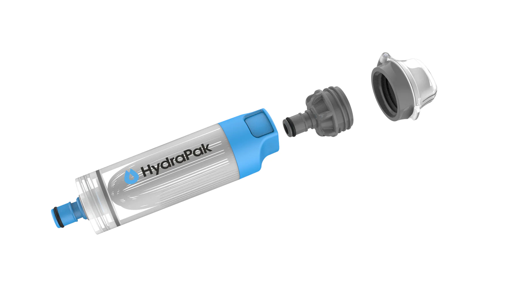 28 MM PNP Inline Filter by Hydrapak in grey and blue, versatile inline water filter for 28MM bottles and reservoirs