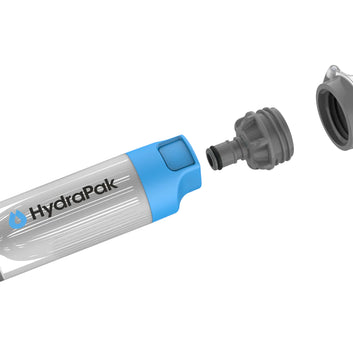28 MM PNP Inline Filter by Hydrapak in grey and blue, versatile inline water filter for 28MM bottles and reservoirs