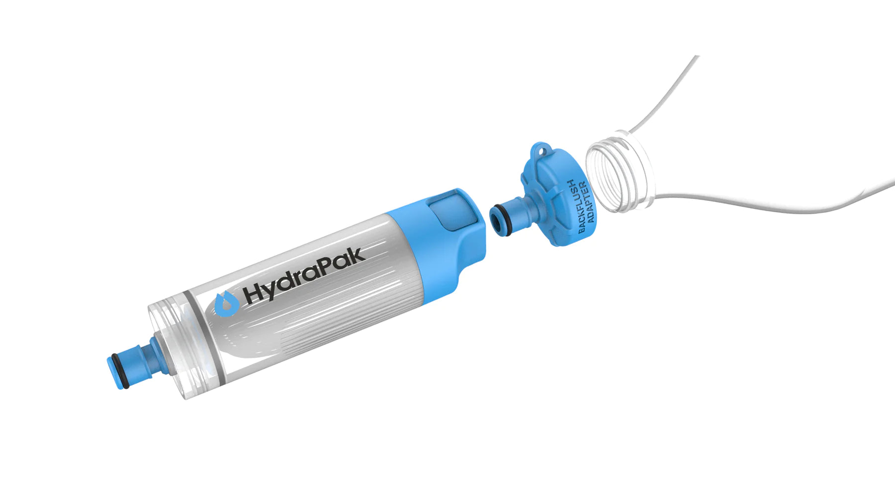 28 MM PNP Inline Filter by Hydrapak in grey and blue, threads onto 28MM bottles for potable water access on the go