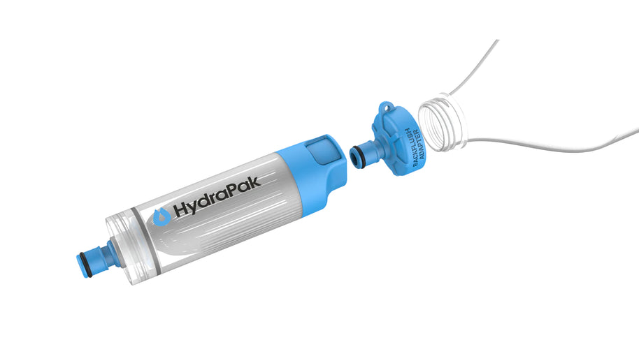 28 MM PNP Inline Filter by Hydrapak in grey and blue, threads onto 28MM bottles for potable water access on the go