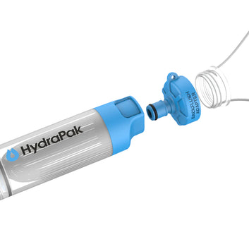 28 MM PNP Inline Filter by Hydrapak in grey and blue, threads onto 28MM bottles for potable water access on the go