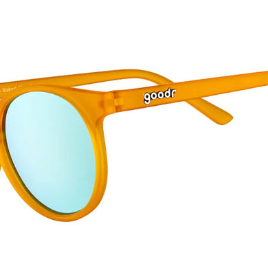 Freshly Baked Man Buns by Goodr in bright orange with blue mirrored lenses, lightweight glasses designed for daily wear and outdoor use