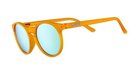 Freshly Baked Man Buns by Goodr in bright orange with blue mirrored lenses, lightweight glasses designed for daily wear and outdoor use