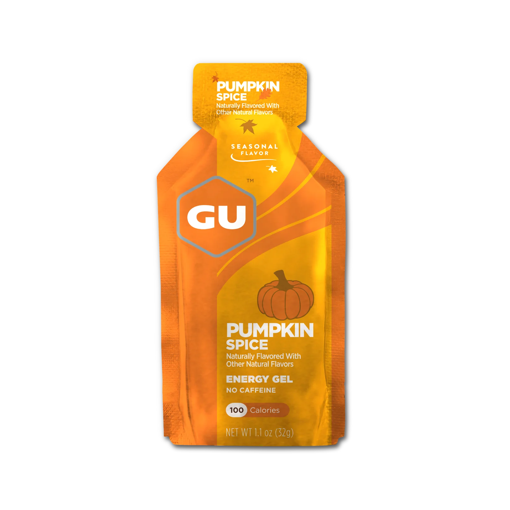 Original Energy Gel by GU Energy in orange Pumpkin Spice flavor, caffeine-free energy gel providing quick sustained energy for athletes
