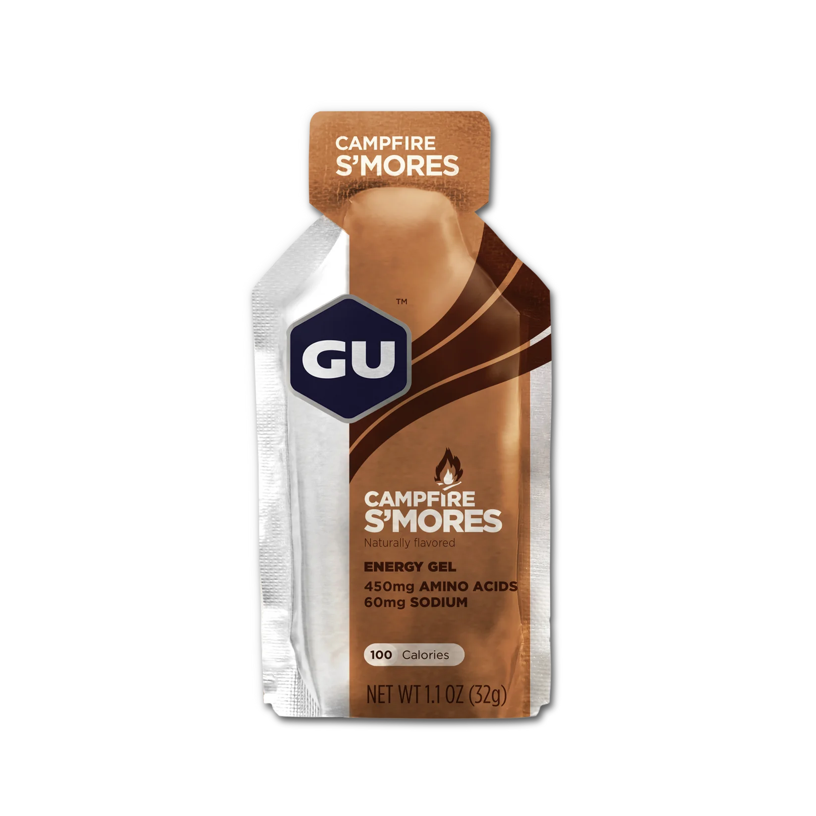 Original Energy Gel Campfire S’mores by GU Energy in brown and silver pack, quick energy with amino acids and sodium for running and active use