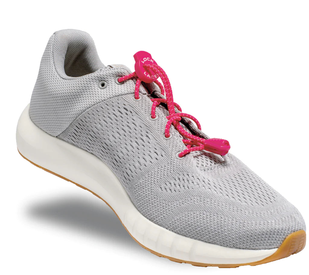 Lock Laces - No Tie Shoelaces in pink on grey athletic shoe, double eyelet lock, easy install, ideal for running and active use
