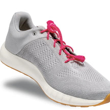 Lock Laces - No Tie Shoelaces in pink on grey athletic shoe, double eyelet lock, easy install, ideal for running and active use
