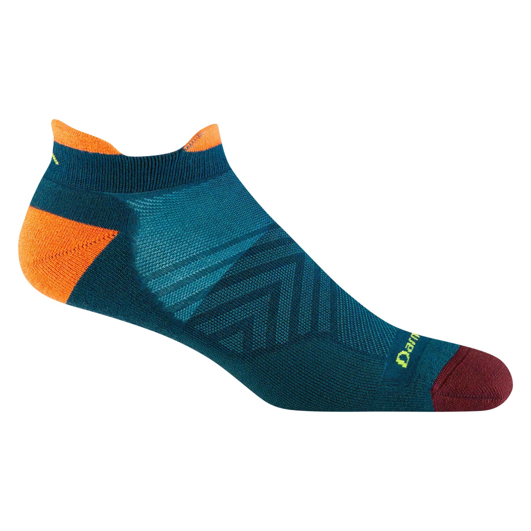Run No Show Tab Ultra-Lightweight Running Sock - Men by Darn Tough in teal, orange, and maroon with chafe-eliminating cuff and flex zones for running