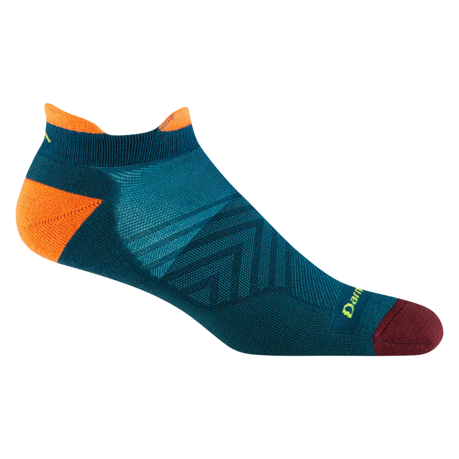 Run No Show Tab Ultra-Lightweight Running Sock - Men by Darn Tough in teal, orange, and maroon with chafe-eliminating cuff and flex zones for running