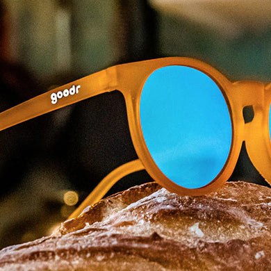 Freshly Baked Man Buns by Goodr, amber frame sunglasses with blue lenses, stylish USA-based glasses ideal for daily wear and outdoor activities