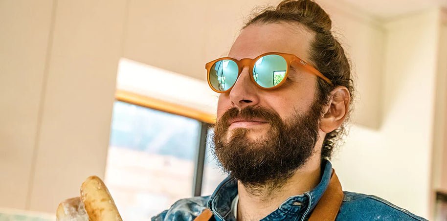Freshly Baked Man Buns by Goodr, amber frame sunglasses worn by man with tied hair bun and beard, USA-based style for everyday use