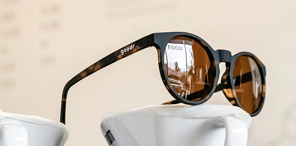 Nine Dollar Pour Over by Goodr in tortoiseshell and black, lightweight USA-based glasses inspired by Chemex coffee culture.