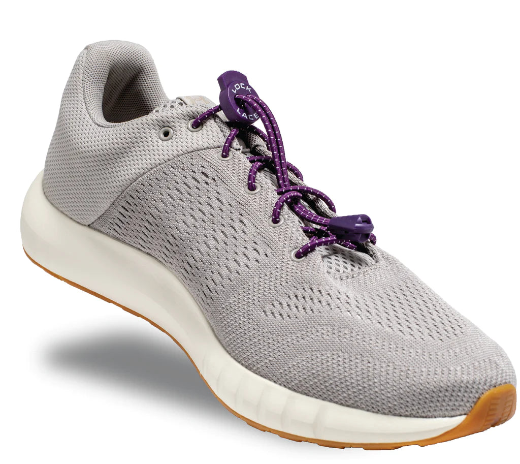 Lock Laces - No Tie Shoelaces in purple on grey sneaker, with double eyelet lock for easy installation and secure fit, ideal for running and outdoor use