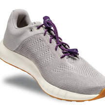 Lock Laces - No Tie Shoelaces in purple on grey sneaker, with double eyelet lock for easy installation and secure fit, ideal for running and outdoor use