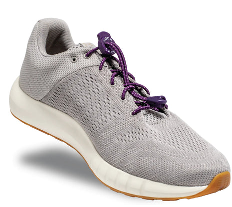 Lock Laces - No Tie Shoelaces in purple on grey sneaker, with double eyelet lock for easy installation and secure fit, ideal for running and outdoor use